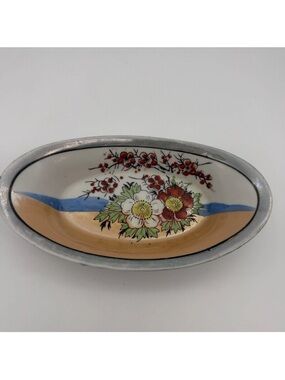 Vintage Japan Hand Painted Lusterware Oval Dish Orange White With Floral 7”x 4”